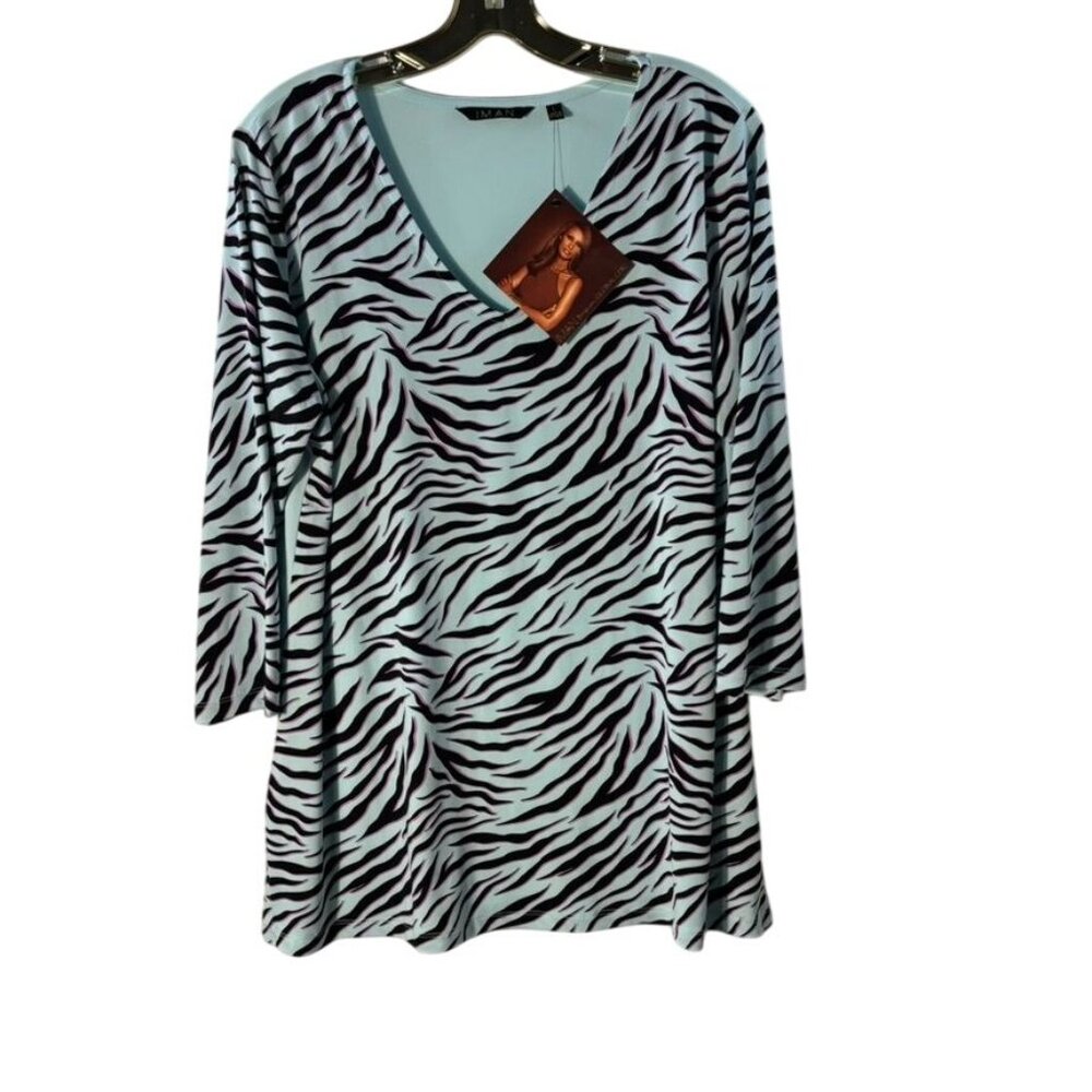 Iman Global Chic Zebra Print Top With V-Neck & 3/4 Sleeves Large - Picture 3 of 9